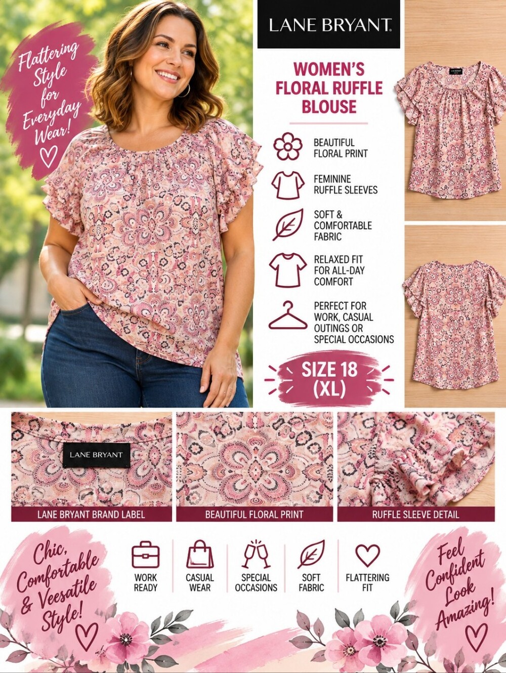 Lane bryant Women's size 18 pink floral ruffle blouse #35